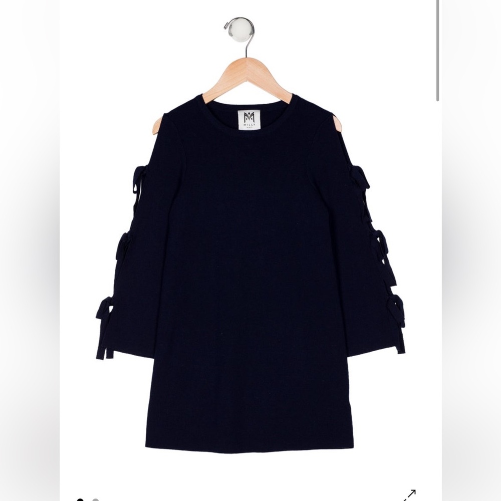 Milly Minis Navy Cold Shoulder Sweater Dress Girls Size 7/8 Bow Sleeve Dress